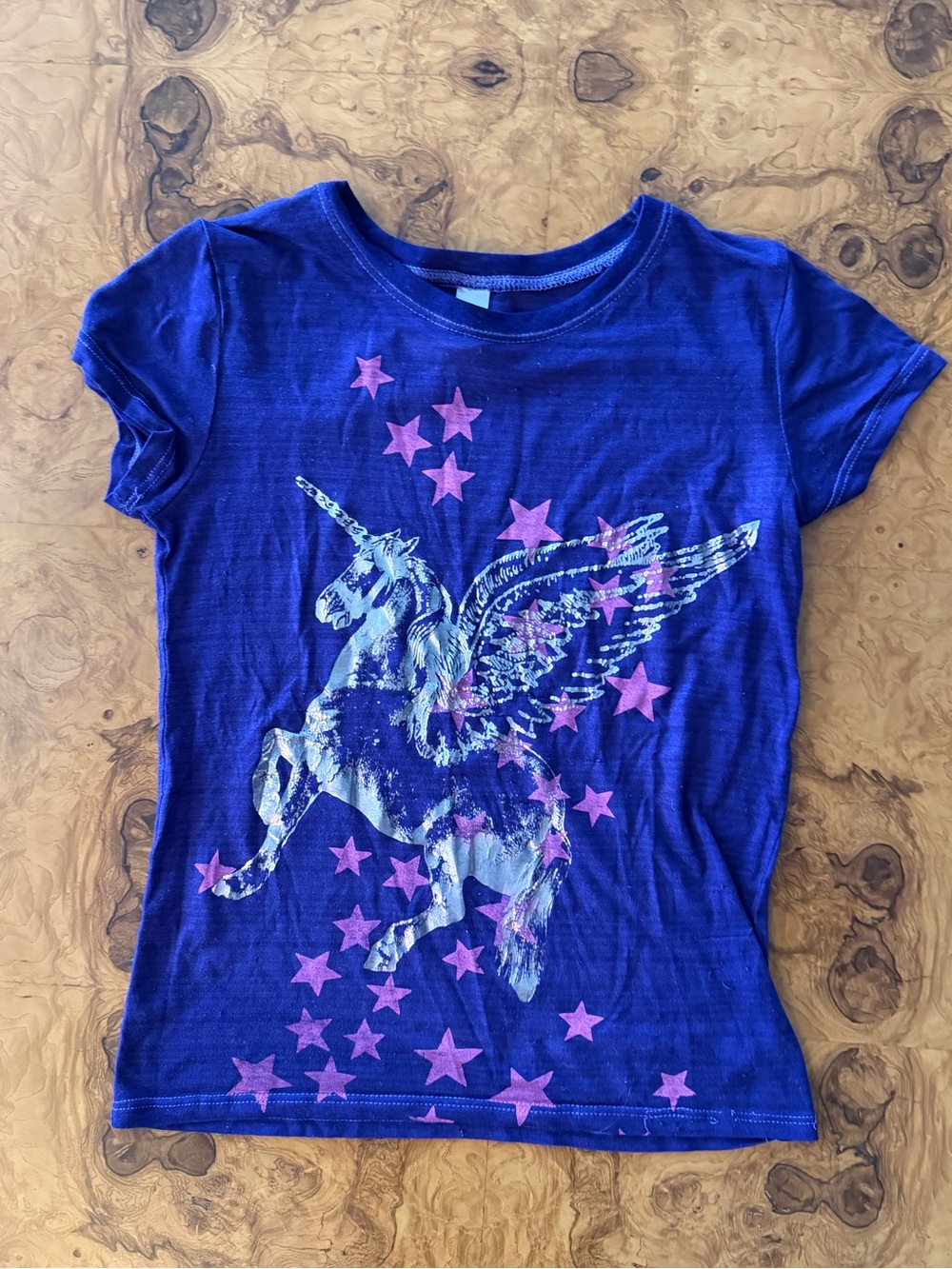 Super Soft Tissue Tee Purple with Silver Unicorn Youth Size M (10-12)